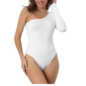 JLUXLABEL Women Asymmetrical White Bodysuit One Shoulder Stretch Small NEW Fit